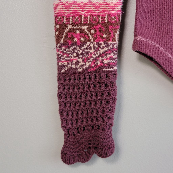 Free People XS In The Mix Cuff Thermal Crochet Knit Sleeve Burgundy Top Henley - Picture 6 of 11